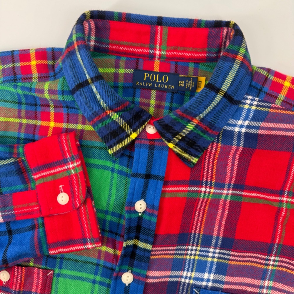 Polo Ralph Lauren Flannel Shirt Mens 2XB Multi Color Patchwork Plaid Button Down